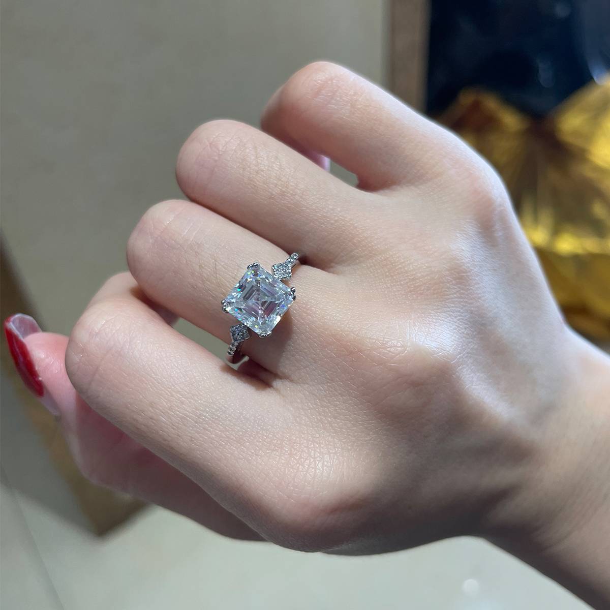 Square Diamond Women's Ring S925 Silver Plated Platinum Customized Selection Main Stone Moissanite 2.5ct/Side Stone Cubic Zirconia